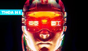 Preview wallpaper cyborg, hieroglyphs, glasses, art