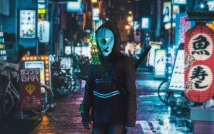 Preview wallpaper cyborg, hologram, cyberpunk, street, sci-fi