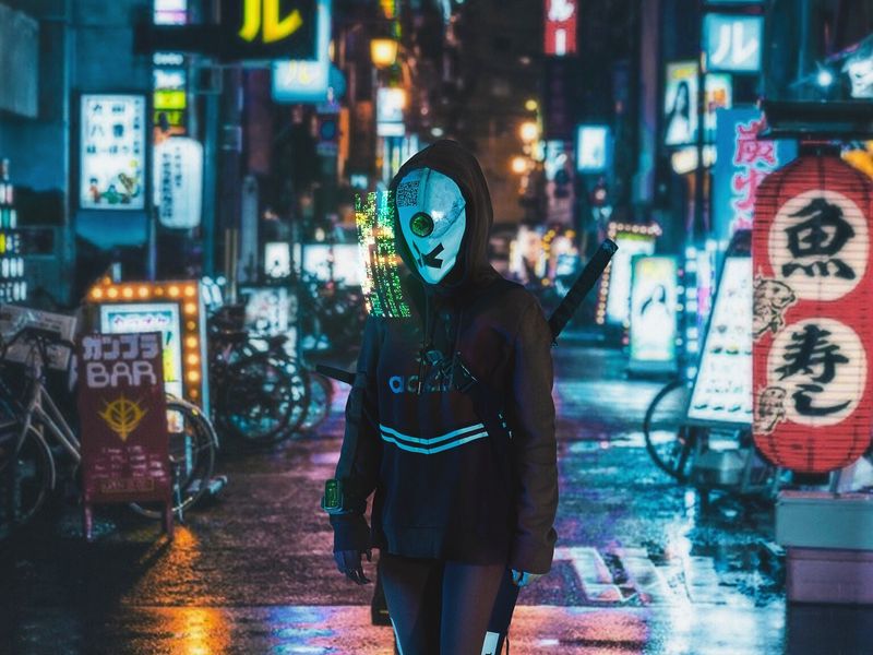 800x600 Wallpaper cyborg, hologram, cyberpunk, street, sci-fi