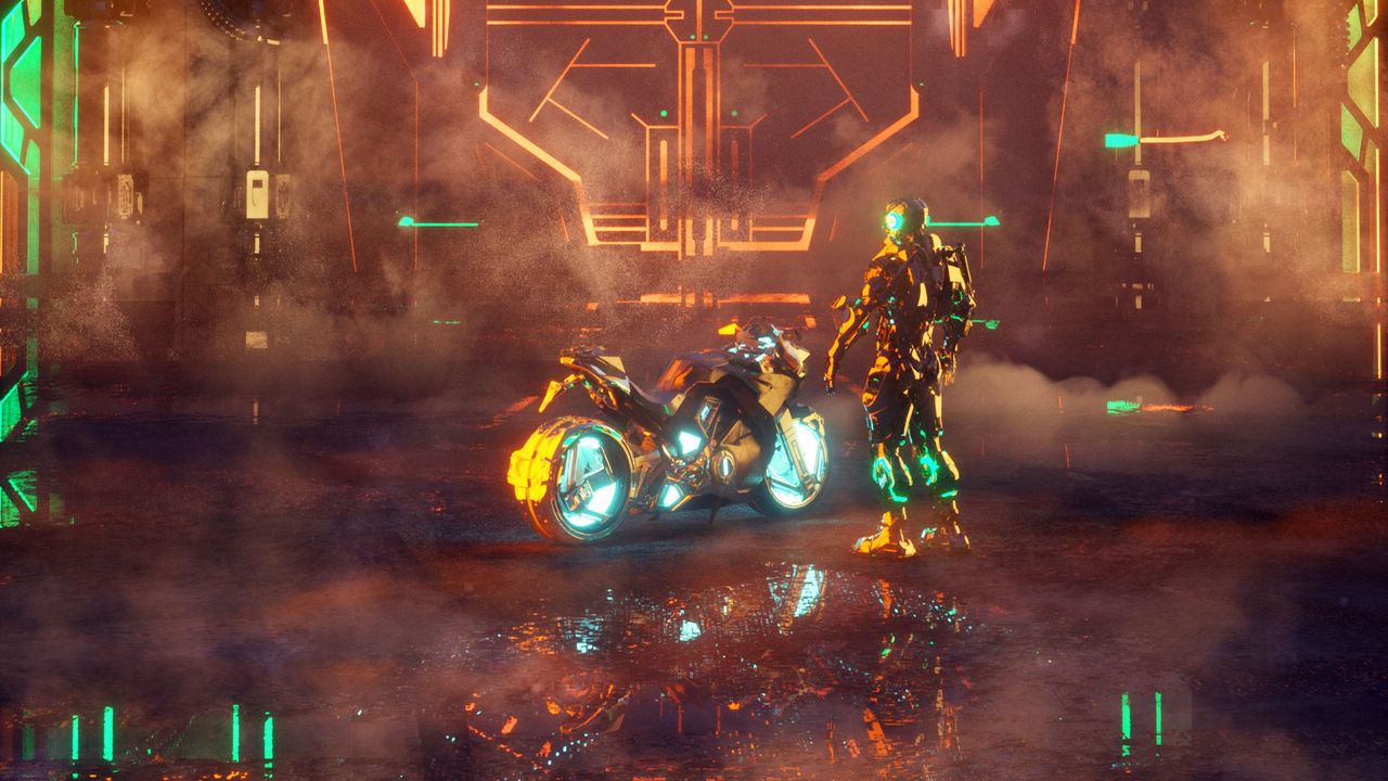 Wallpaper cyborg, motorcycle, cyberpunk, neon, night, bike