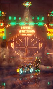 Preview wallpaper cyborg, motorcycle, cyberpunk, neon, night, bike