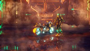 Preview wallpaper cyborg, motorcycle, cyberpunk, neon, night, bike