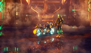 Preview wallpaper cyborg, motorcycle, cyberpunk, neon, night, bike