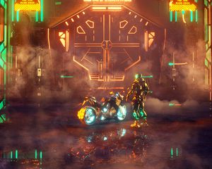 Preview wallpaper cyborg, motorcycle, cyberpunk, neon, night, bike