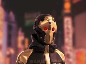 Preview wallpaper cyborg, robot, costume, inscription