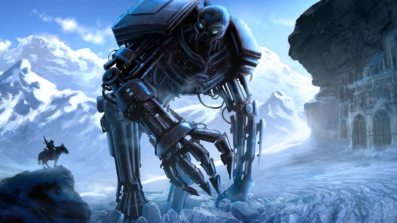 Wallpaper cyborg, robot, rider, castle, mountains, ice