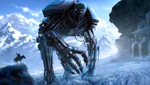 Preview wallpaper cyborg, robot, rider, castle, mountains, ice