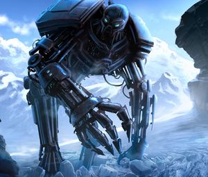 Preview wallpaper cyborg, robot, rider, castle, mountains, ice