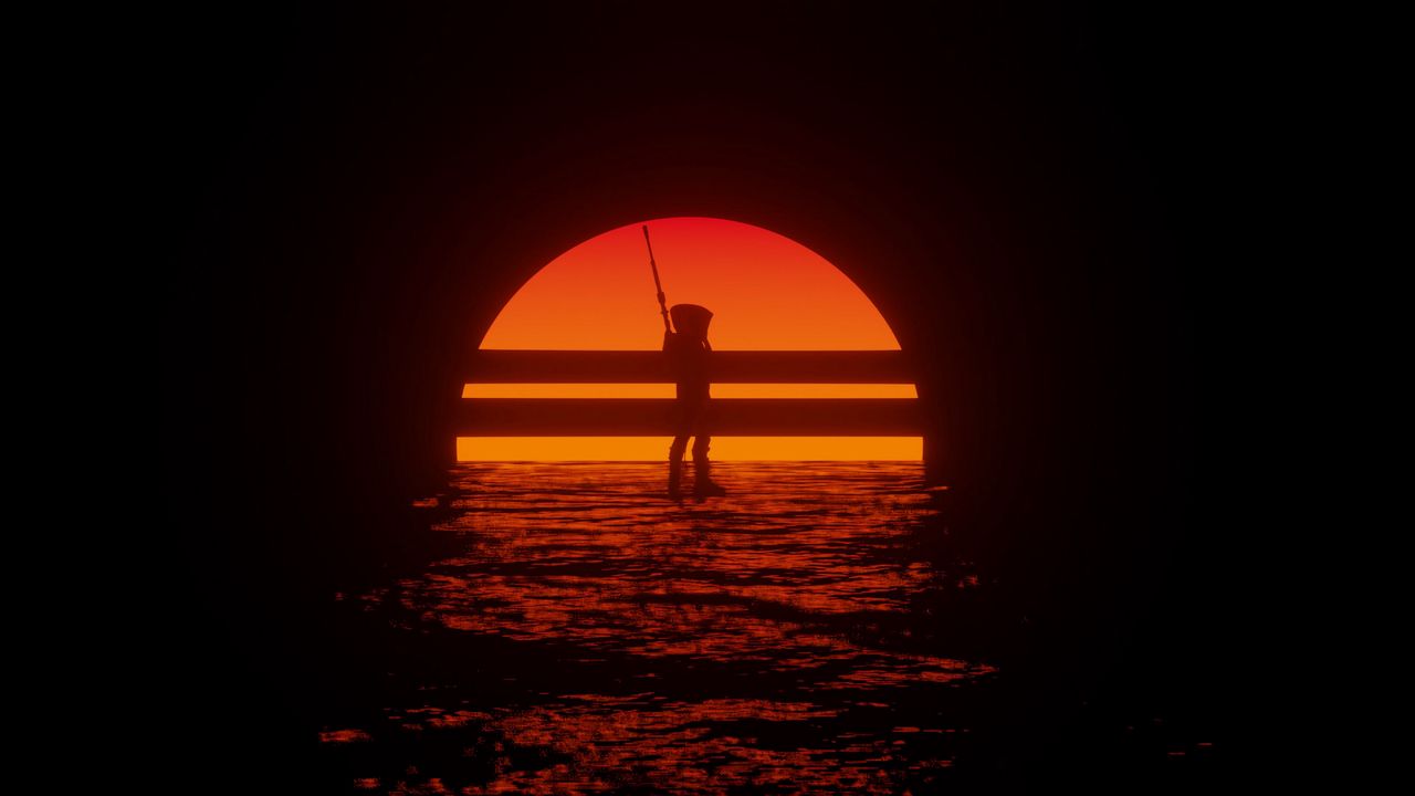 Wallpaper cyborg, silhouette, sunset
