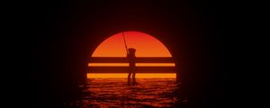 Preview wallpaper cyborg, silhouette, sunset