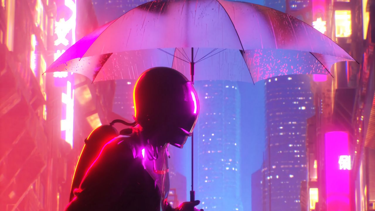 Wallpaper cyborg, umbrella, neon, cyberpunk, city, buildings, glow