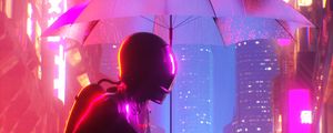 Preview wallpaper cyborg, umbrella, neon, cyberpunk, city, buildings, glow
