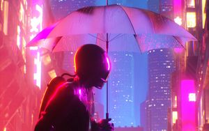 Preview wallpaper cyborg, umbrella, neon, cyberpunk, city, buildings, glow