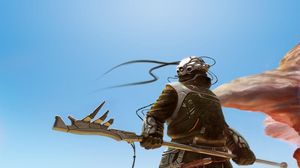 Preview wallpaper cyborg, weapons, sky, sand