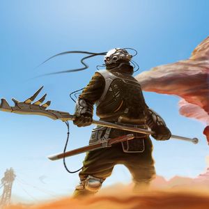 Preview wallpaper cyborg, weapons, sky, sand