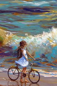 Preview wallpaper cyclist, bicycle, child, art, sea, shore