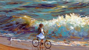 Preview wallpaper cyclist, bicycle, child, art, sea, shore