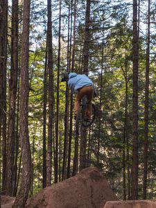 Preview wallpaper cyclist, bike, jump, trick, forest