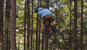 Preview wallpaper cyclist, bike, jump, trick, forest