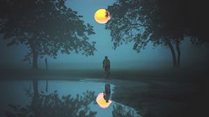 Preview wallpaper cyclist, fog, moon, water, trees, reflection