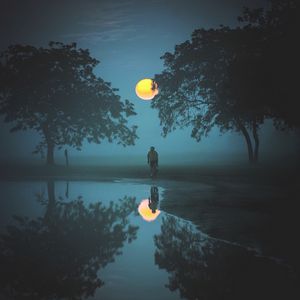 Preview wallpaper cyclist, fog, moon, water, trees, reflection
