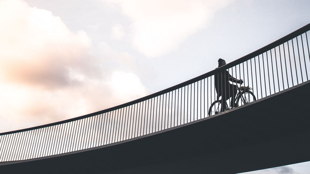 Wallpaper cyclist, minimalism, bridge, sky