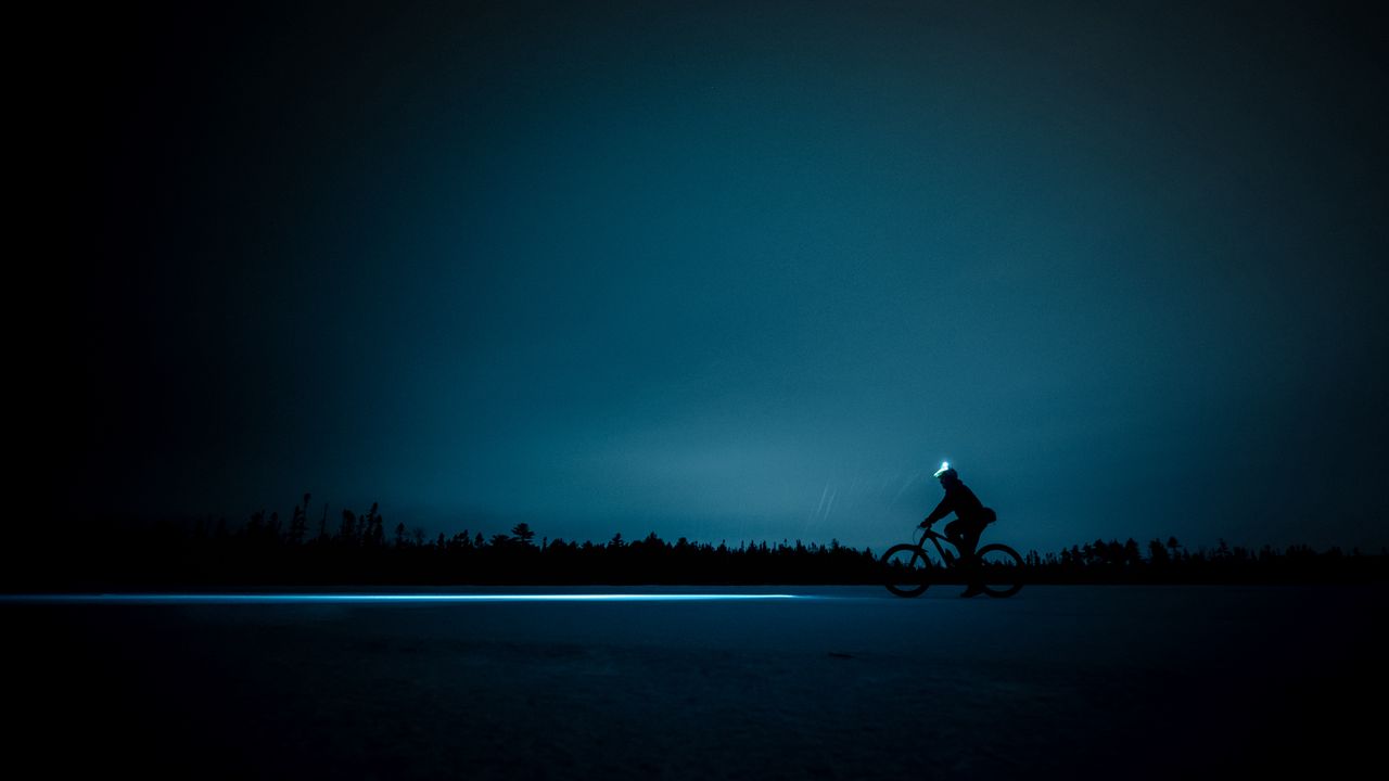 Wallpaper cyclist, night, bike, silhouette, light, horizon