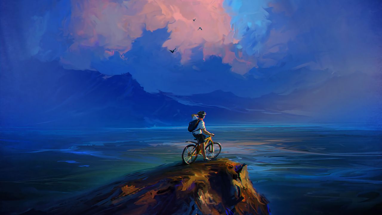 Wallpaper cyclist, rock, cliff, art, clouds, sea