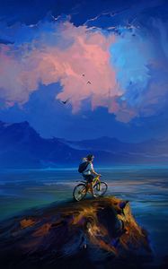 Preview wallpaper cyclist, rock, cliff, art, clouds, sea