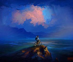 Preview wallpaper cyclist, rock, cliff, art, clouds, sea