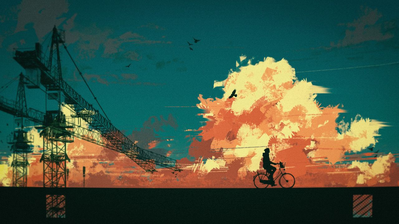 Wallpaper cyclist, silhouette, bicycle, clouds, art