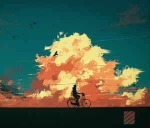 Preview wallpaper cyclist, silhouette, bicycle, clouds, art