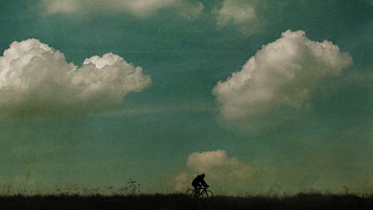 Wallpaper cyclist, silhouette, clouds, sky