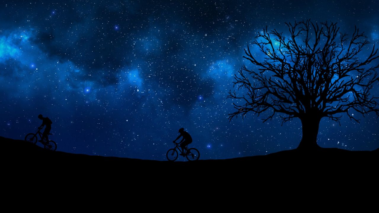 Wallpaper cyclist, starry sky, silhouette