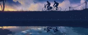 Preview wallpaper cyclists, silhouettes, art, lake, reflection, twilight