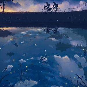 Preview wallpaper cyclists, silhouettes, art, lake, reflection, twilight