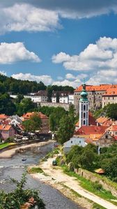 Preview wallpaper czech, buildings, trees, river