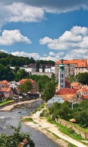 Preview wallpaper czech, buildings, trees, river