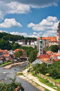 Preview wallpaper czech, buildings, trees, river