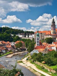 Preview wallpaper czech, buildings, trees, river