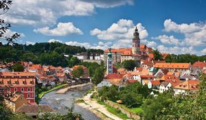 Preview wallpaper czech, buildings, trees, river