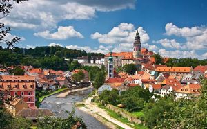 Preview wallpaper czech, buildings, trees, river