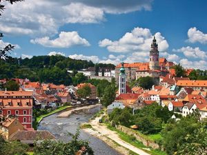 Preview wallpaper czech, buildings, trees, river