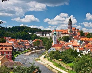 Preview wallpaper czech, buildings, trees, river