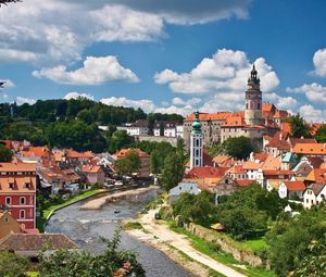 Preview wallpaper czech, buildings, trees, river