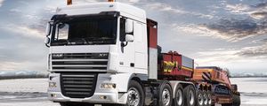 Preview wallpaper daf, xf105, truck, car, side view, trailer, excavator