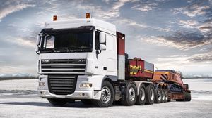 Preview wallpaper daf, xf105, truck, car, side view, trailer, excavator