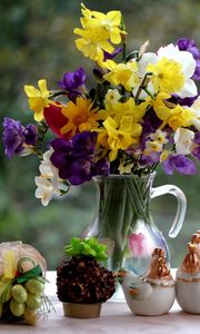Preview wallpaper daffodils, freesia, tulips, flowers, flower, rabbit, chicken, grapes