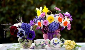Preview wallpaper daffodils, hyacinths, pansies, flowers, vases, tea set, tray