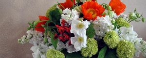 Preview wallpaper daffodils, hydrangea, poppies, lilacs, bouquet, composition, vase